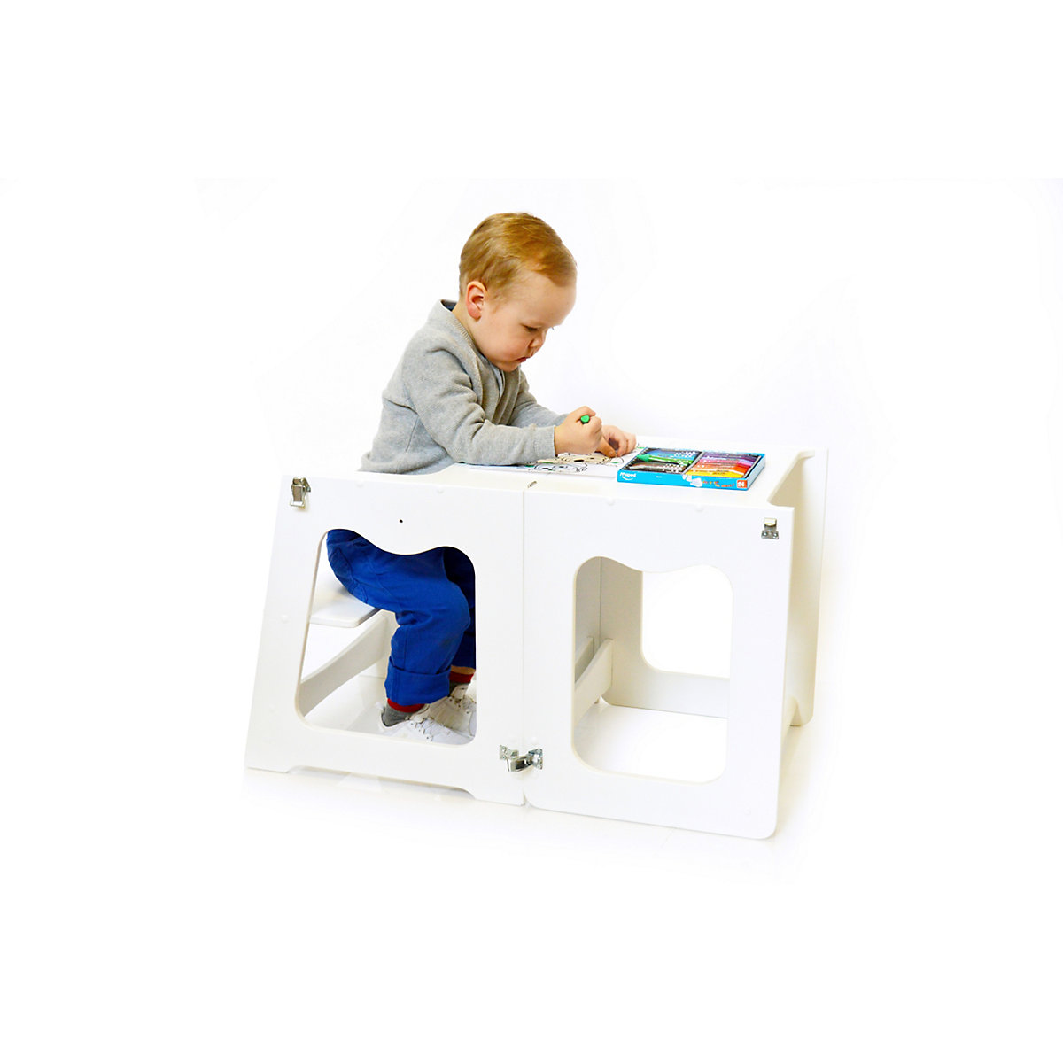 2in1 klappbarer Lernturm, Küchenhelferturm, Tischgruppe, Hocker, Lerntower, Lernstuhl, Möbel nach Montessori Art