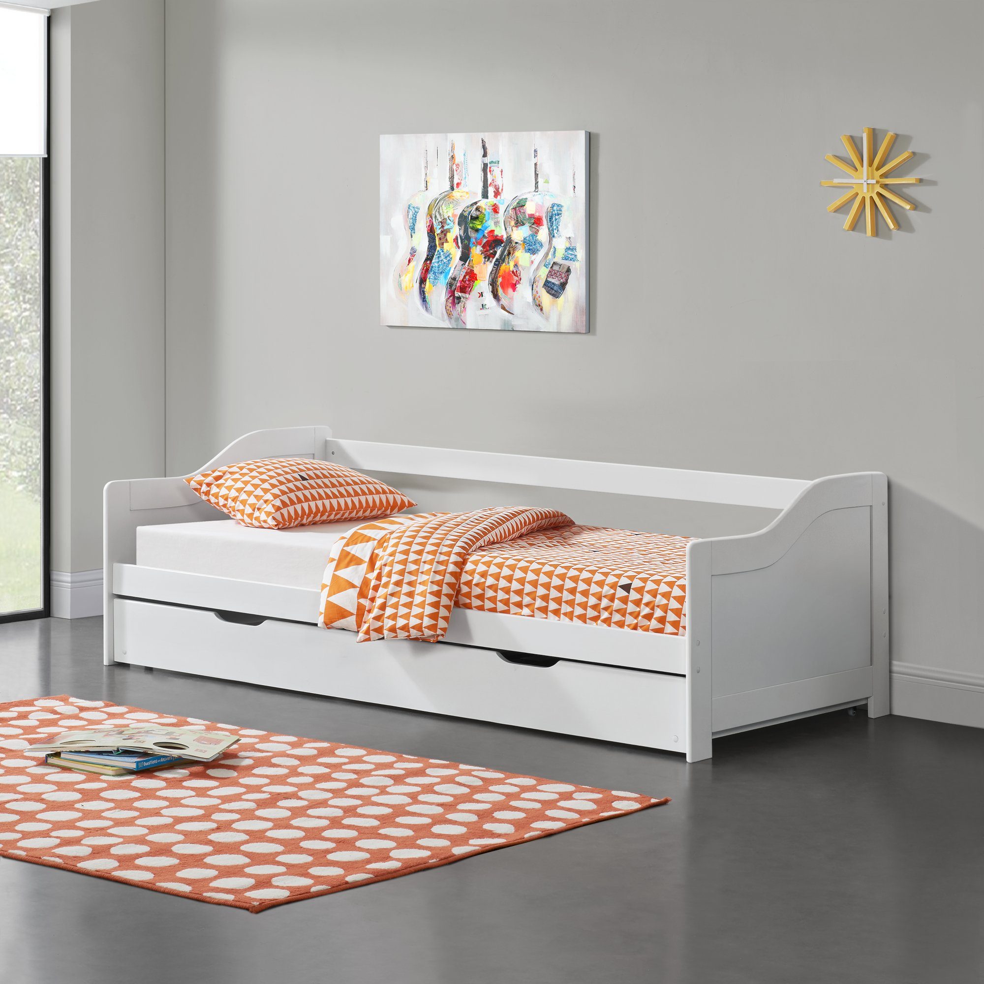 en.casa Holzbett, Kongsberg Kojenbett Kiefernholz Ausziehbett Sofabett weiß