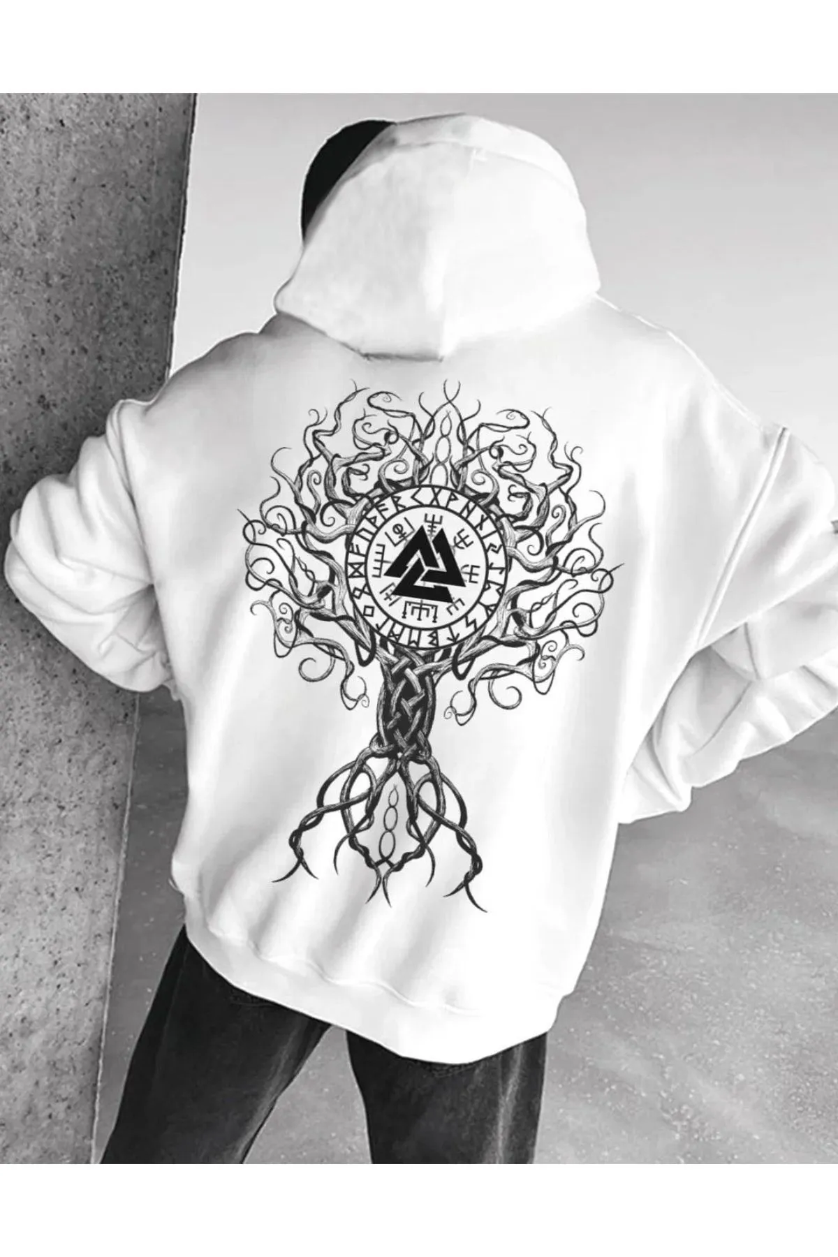 Know  Unisex-Sweatshirt mit Kapuze, weiß, mit Dreiecksbaummuster, in Übergröße