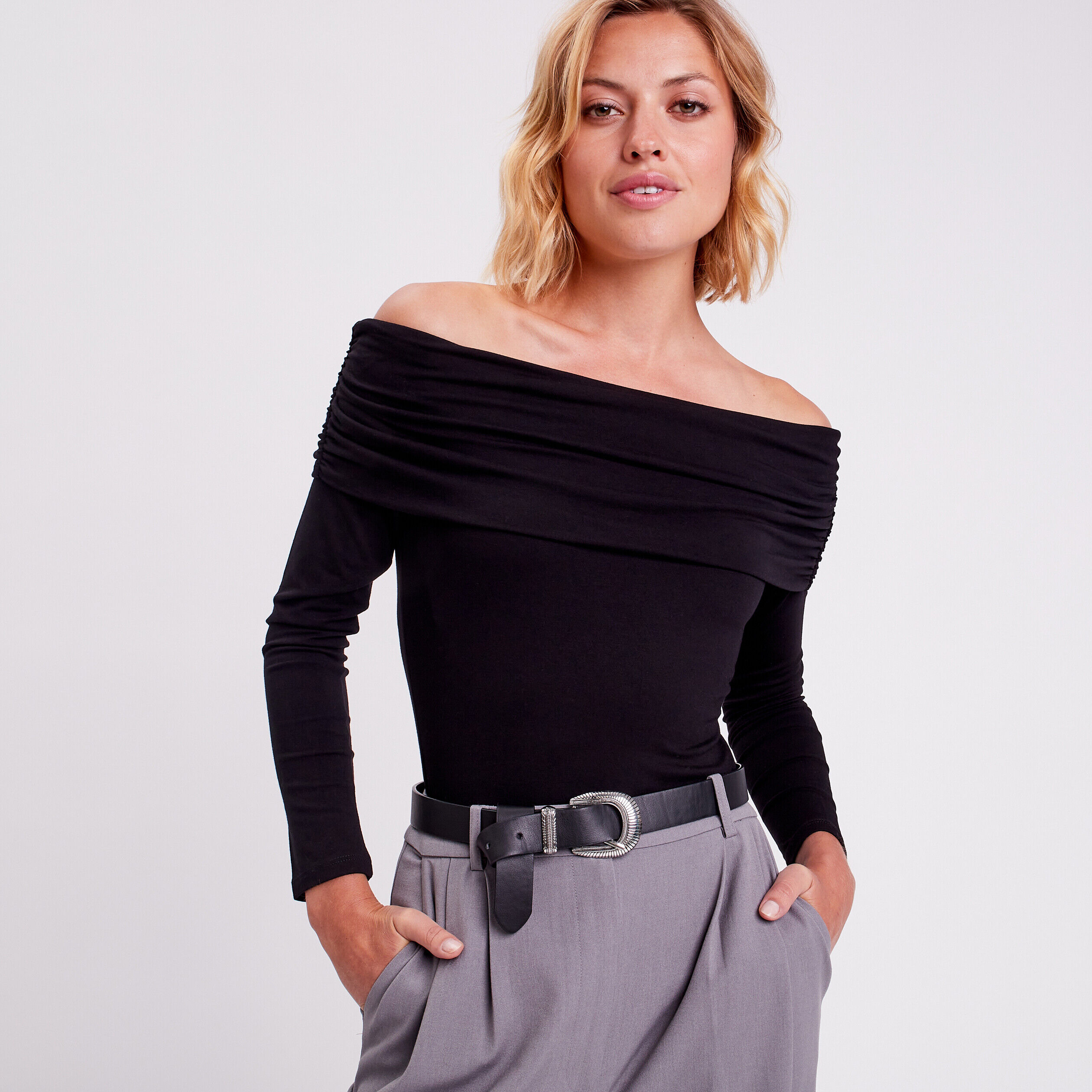 T-shirt col bardot noir femme | Cache Cache