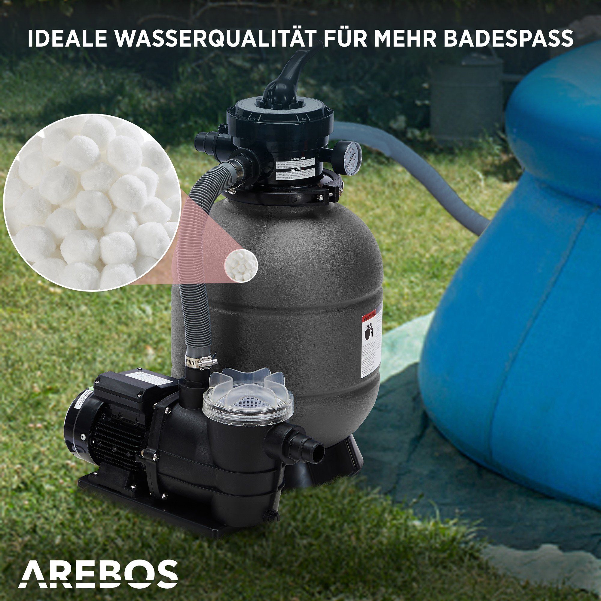 Arebos Sandfilteranlage mit Pumpe inkl.700g Filterbälle + 2m Schlauch, 400 W, 7 Wege-Ventil (Set)