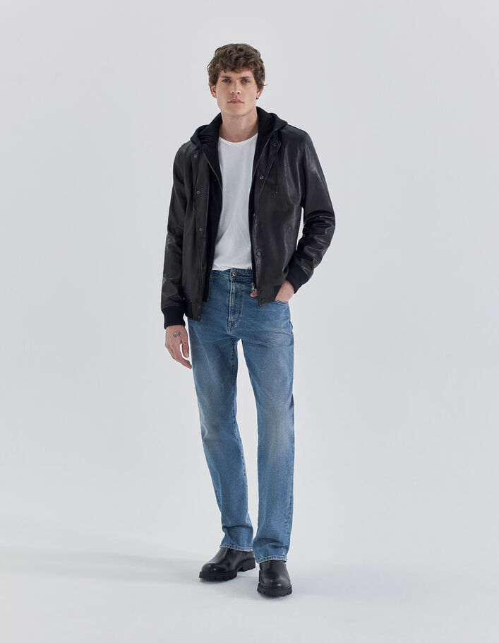 Bomber noir en cuir à parmenture amovible Homme