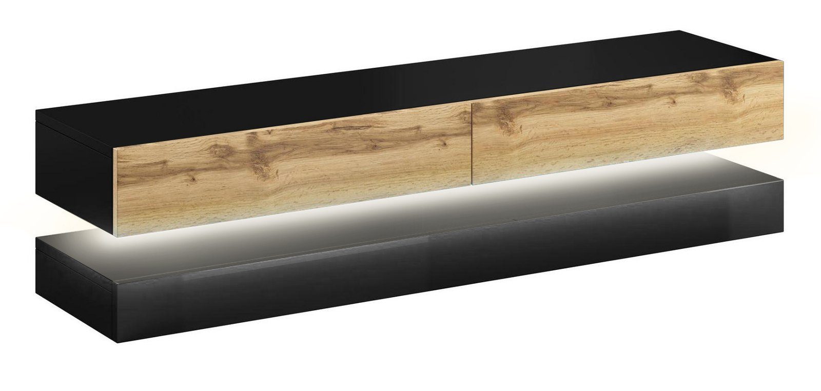 GuenstigEinrichten Lowboard Bird (TV-Board in schwarz und Wotan Eiche, Breite 140 cm), mit Stauraum, inklusive LED Beleuchtung