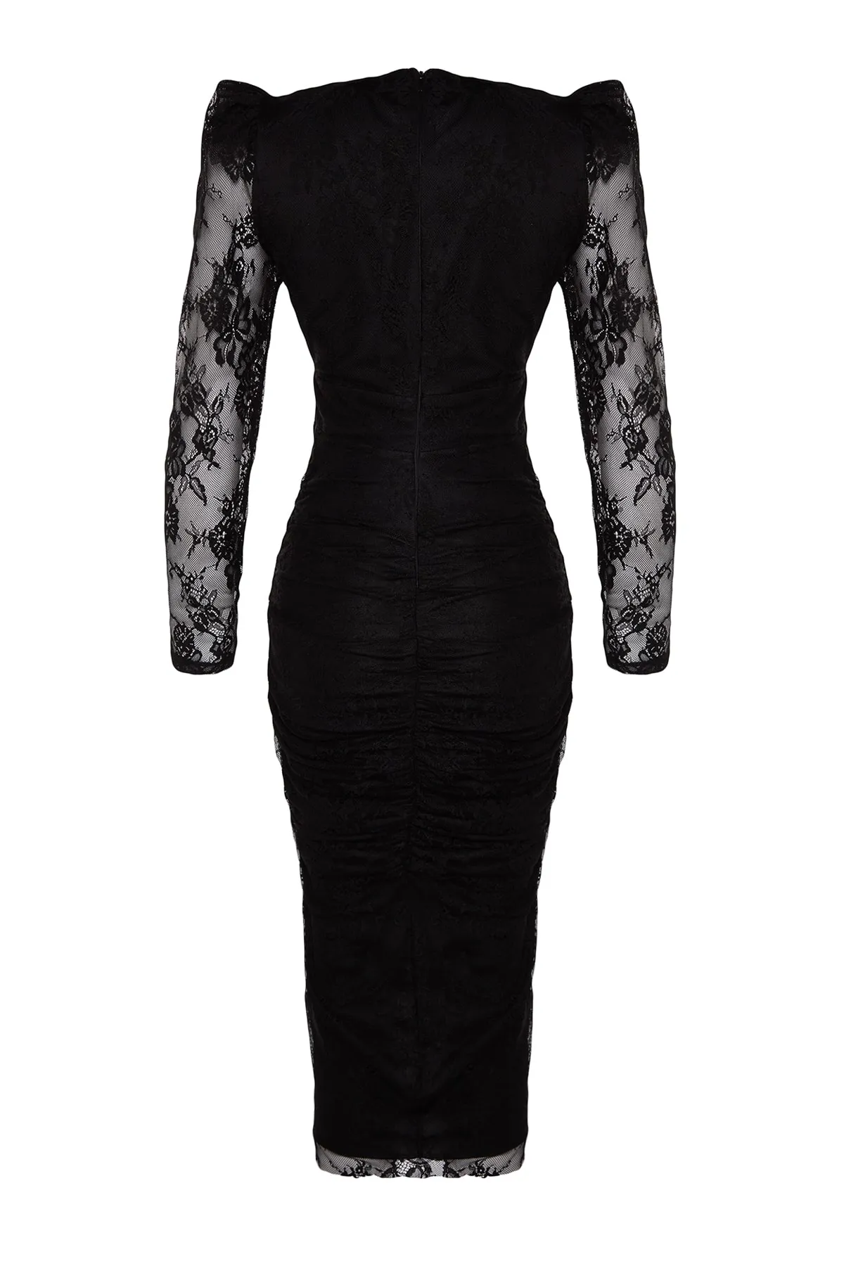 Trendyol Collection  Schwarzes, figurbetontes, gefüttertes, drapiertes Spitzen-Elegantes Abendkleid TPRAW24EL00019