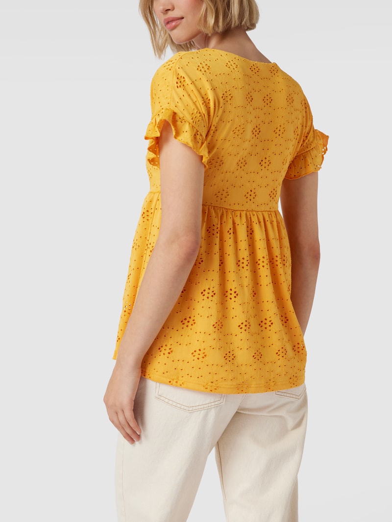 Umstands-Bluse mit floralen Lochstickereien in senfgelb