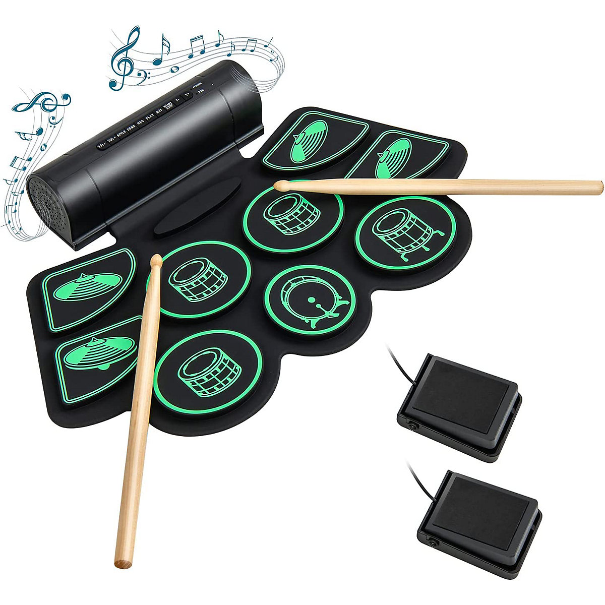 9 Pads E-Drum Roll-Up-Trommel mit 2 Pedale & 2 Drumsticks