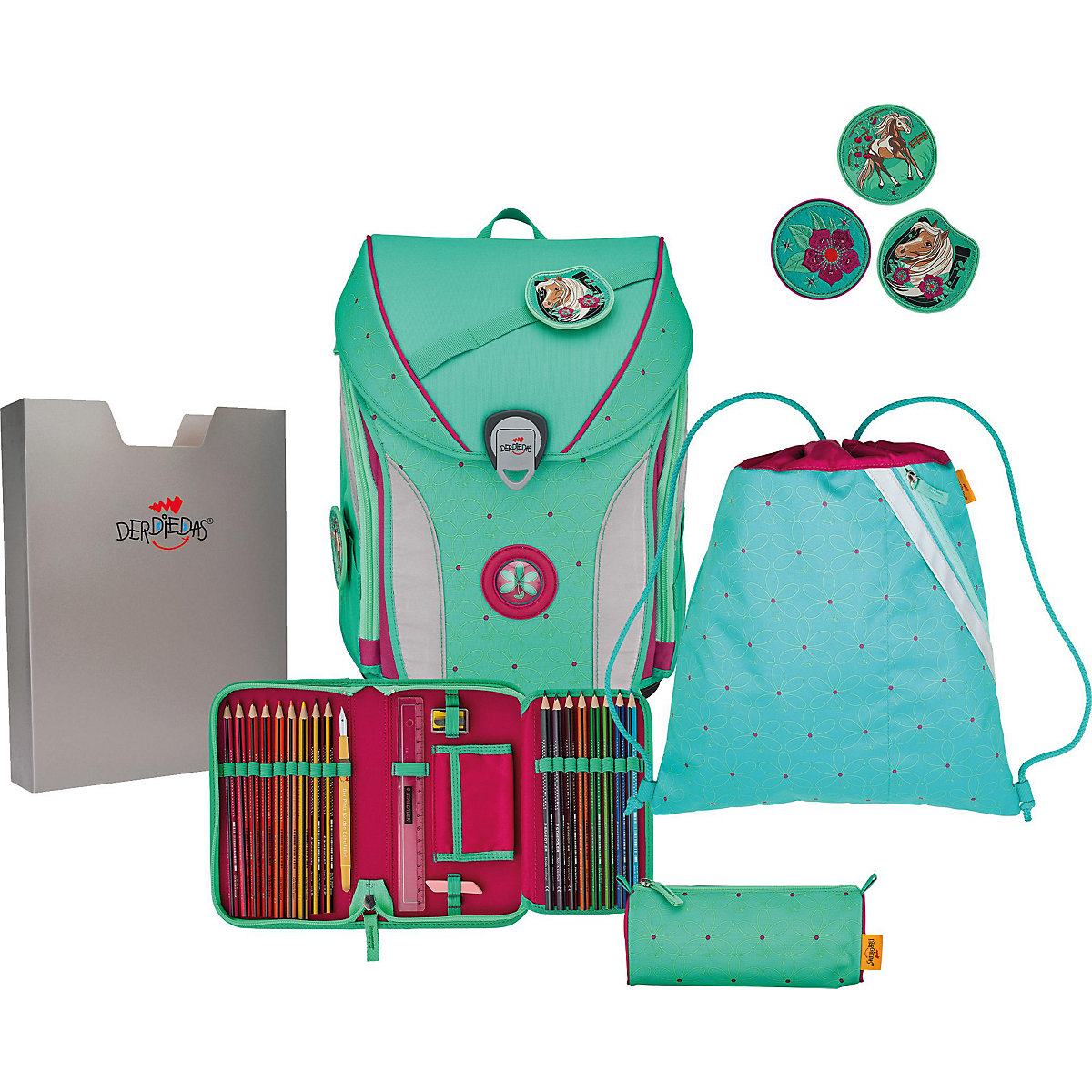 Schulrucksackset ErgoFlex MAX Peppermint Pony, 5-tlg., inkl. Wechselbuttons (2023)