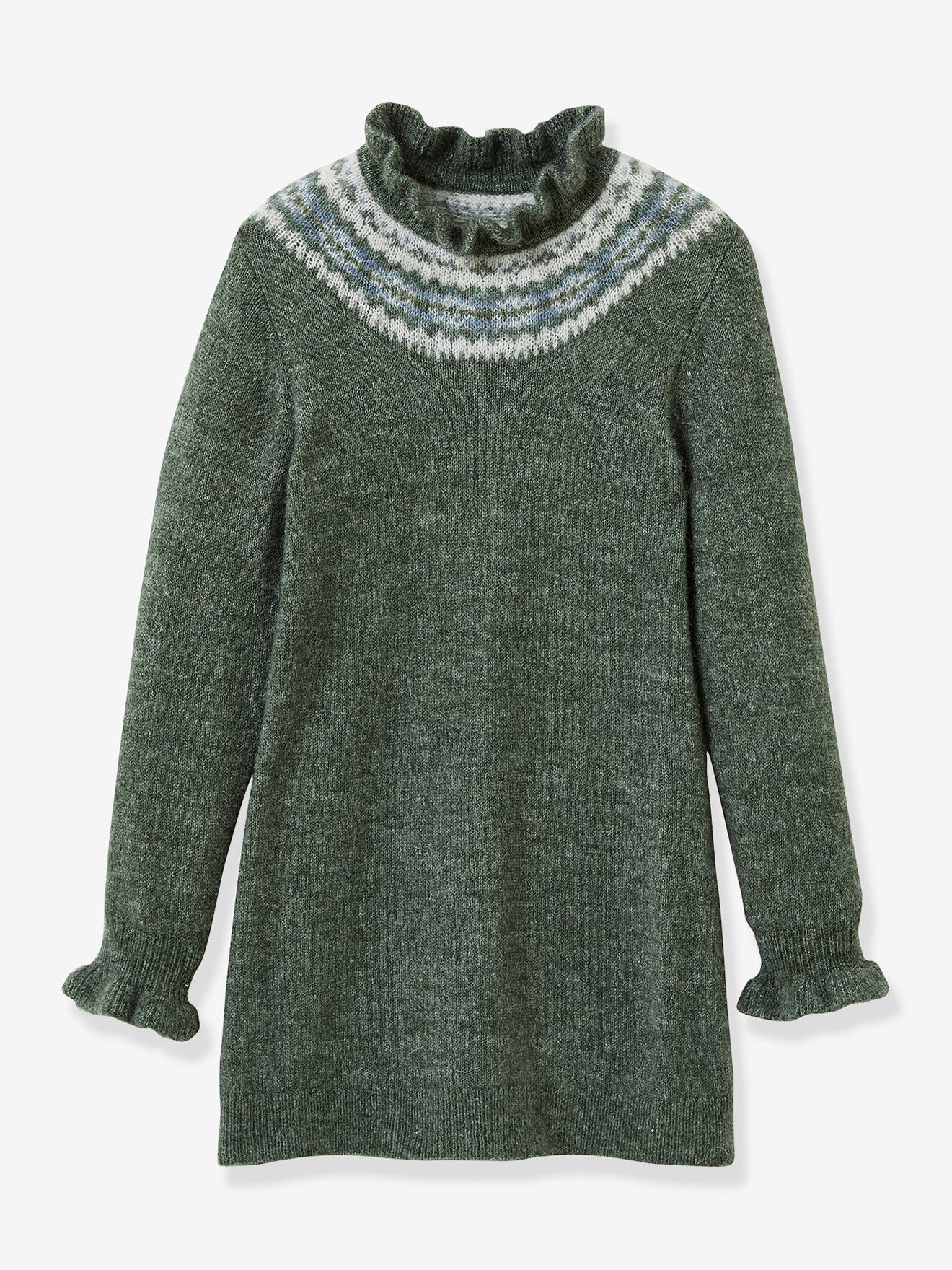 Cyrillus Mädchen Strickkleid CYRILLUS, Jacquardmuster - grün meliert