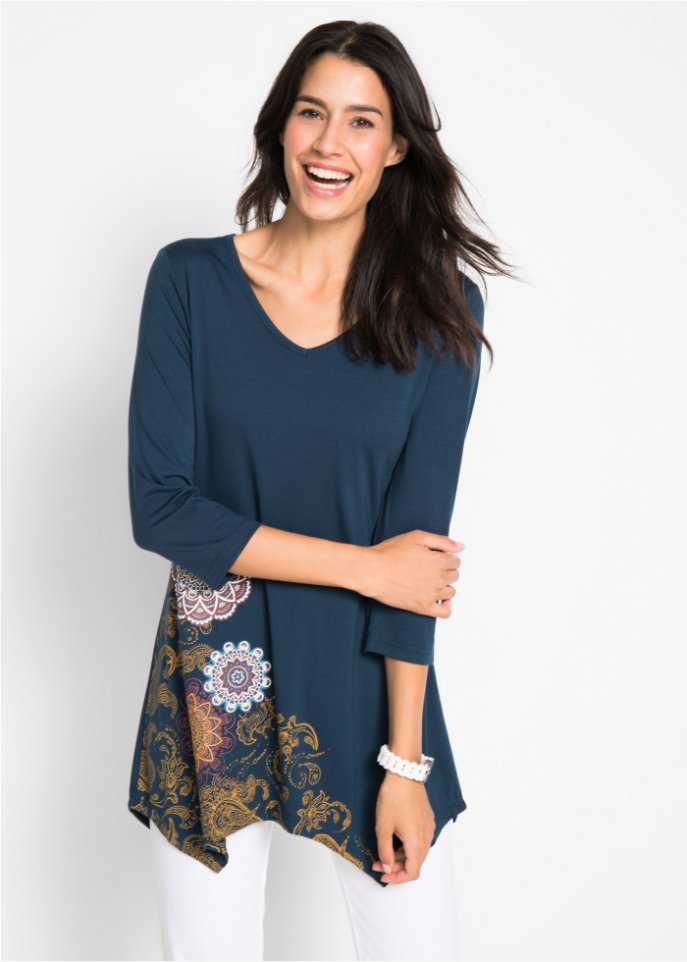 Zipfel-Longshirt mit V-Ausschnitt, 3/4-Arm