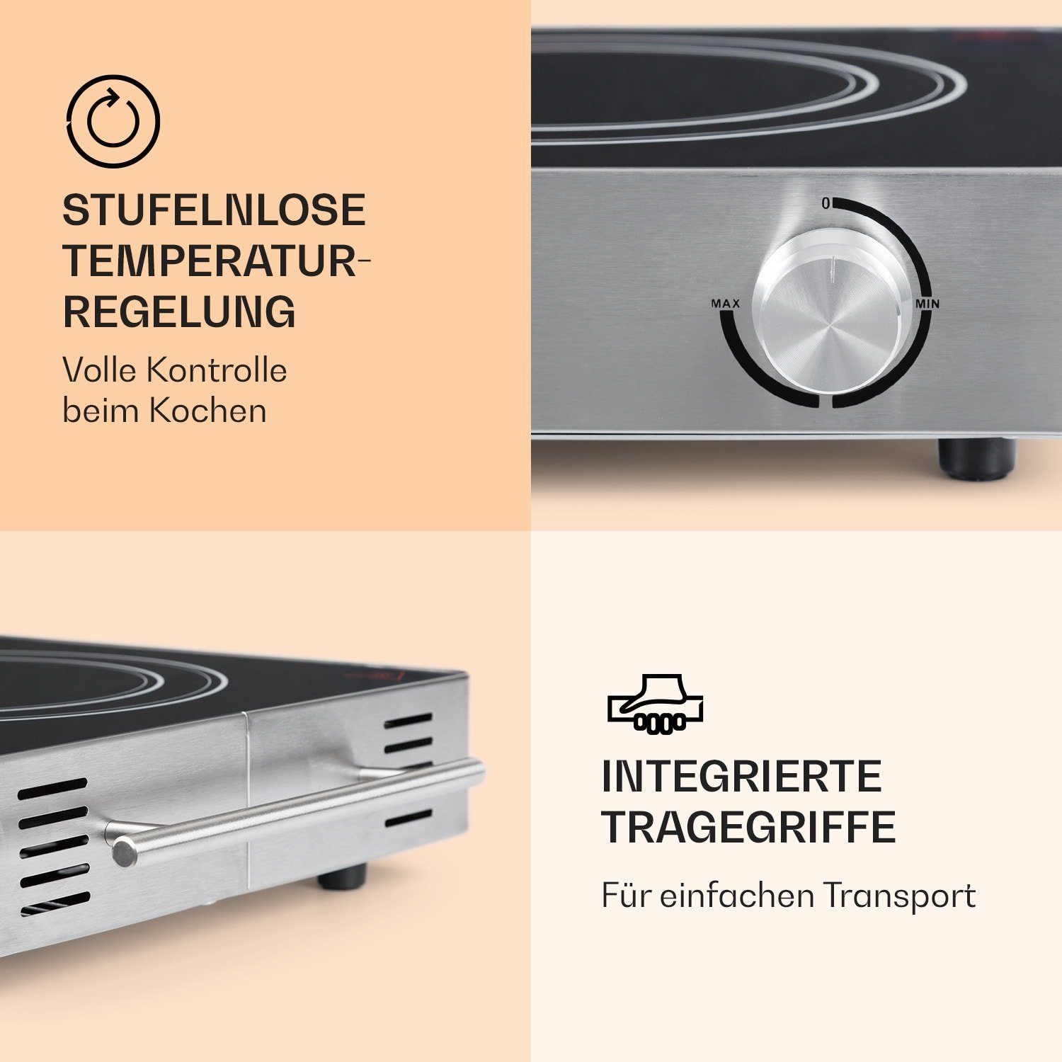 Klarstein Doppelkochplatte VariCook Duo Kochplatte 3000W Edelstahlgehäuse Tragegriffe, Kochplatte 2 Platten Glaskeramik Kochfeld