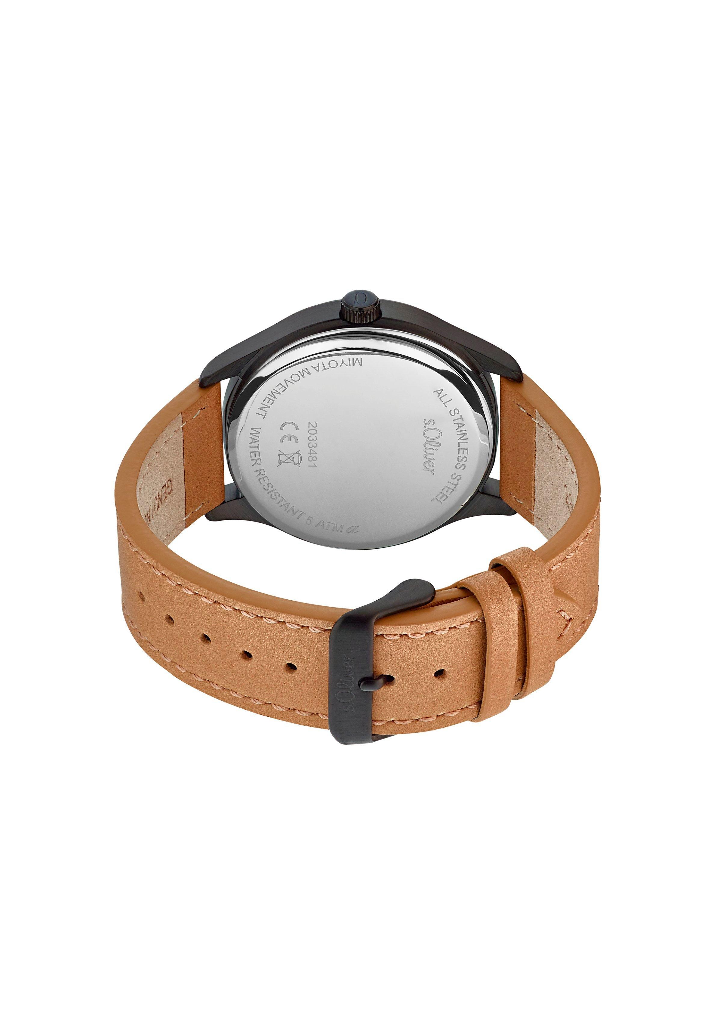 Schwarze Edelstahluhr mit Lederarmband  6006314-85B0