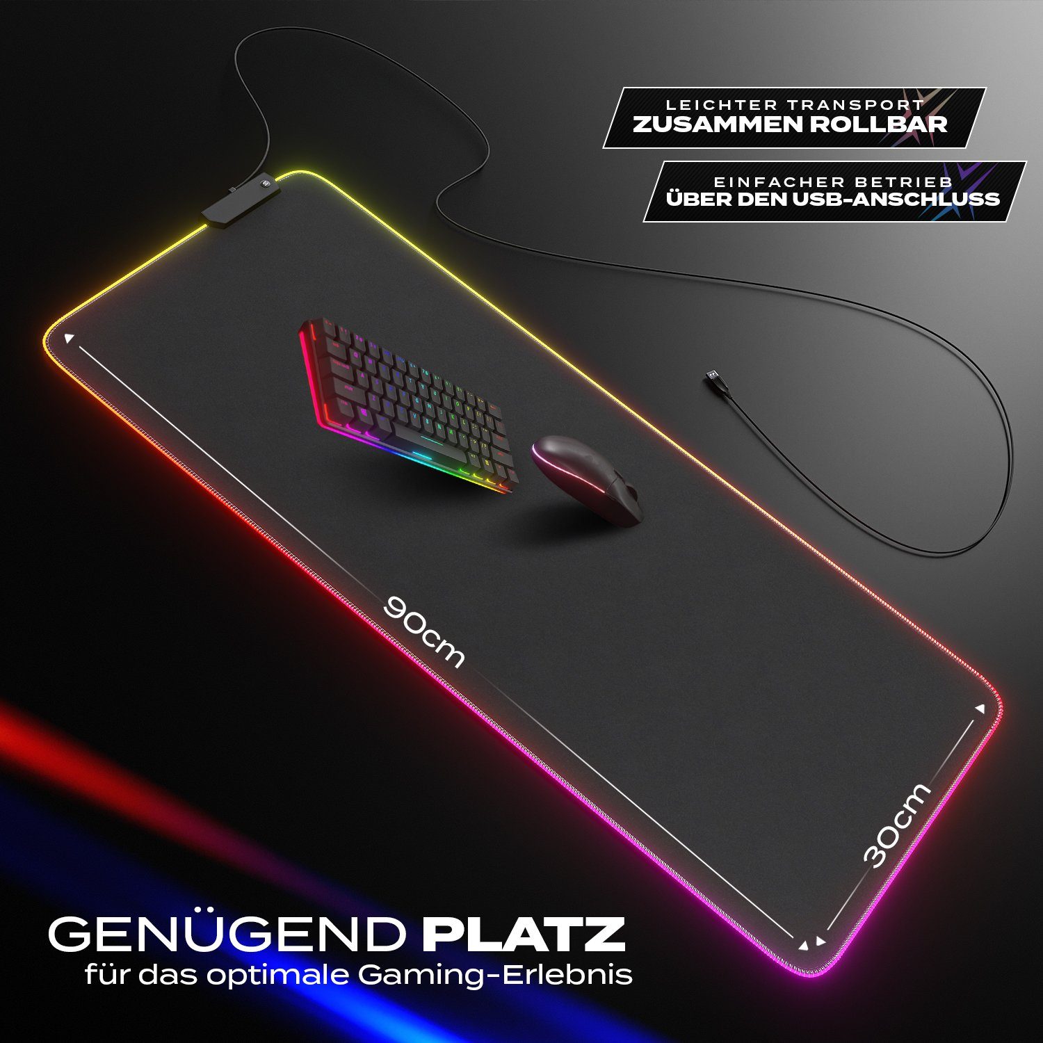 MAXLVL Gaming Mauspad XXL Gaming RGB Mauspad groß - 800 x 300 mm, 14 Beleuchtungs Modi - 7 LED Farben - rutschfest