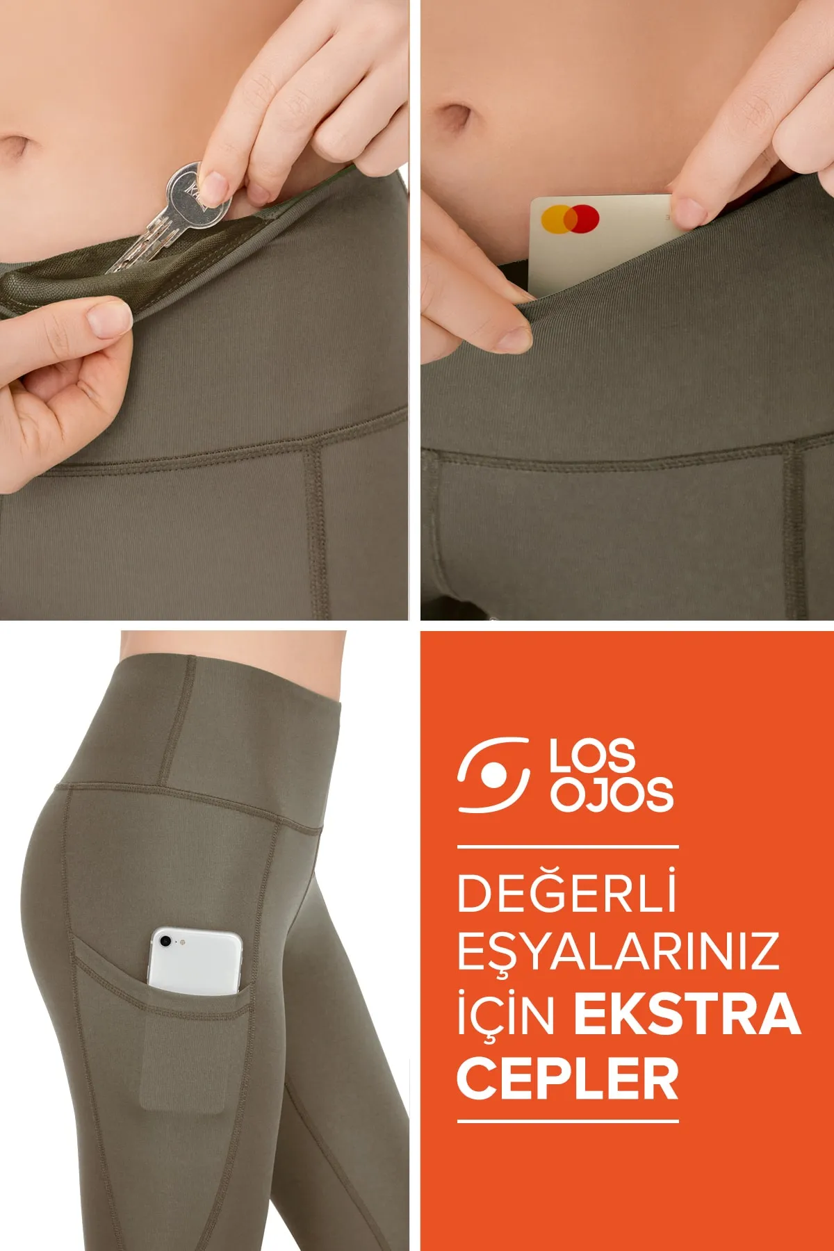 LOS OJOS  Dunkle Khaki-Sportleggings mit hoher Taille und doppelter Tasche für Damen