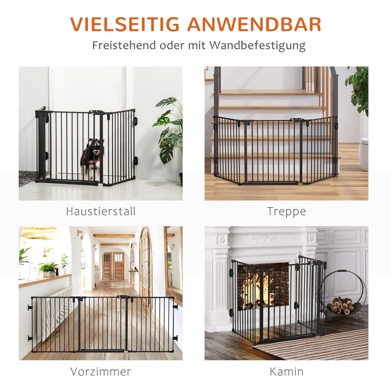 PawHut Hunde Absperrgitter Türschutzgitter mit Tür klappbar Schwarz 202,5 cm