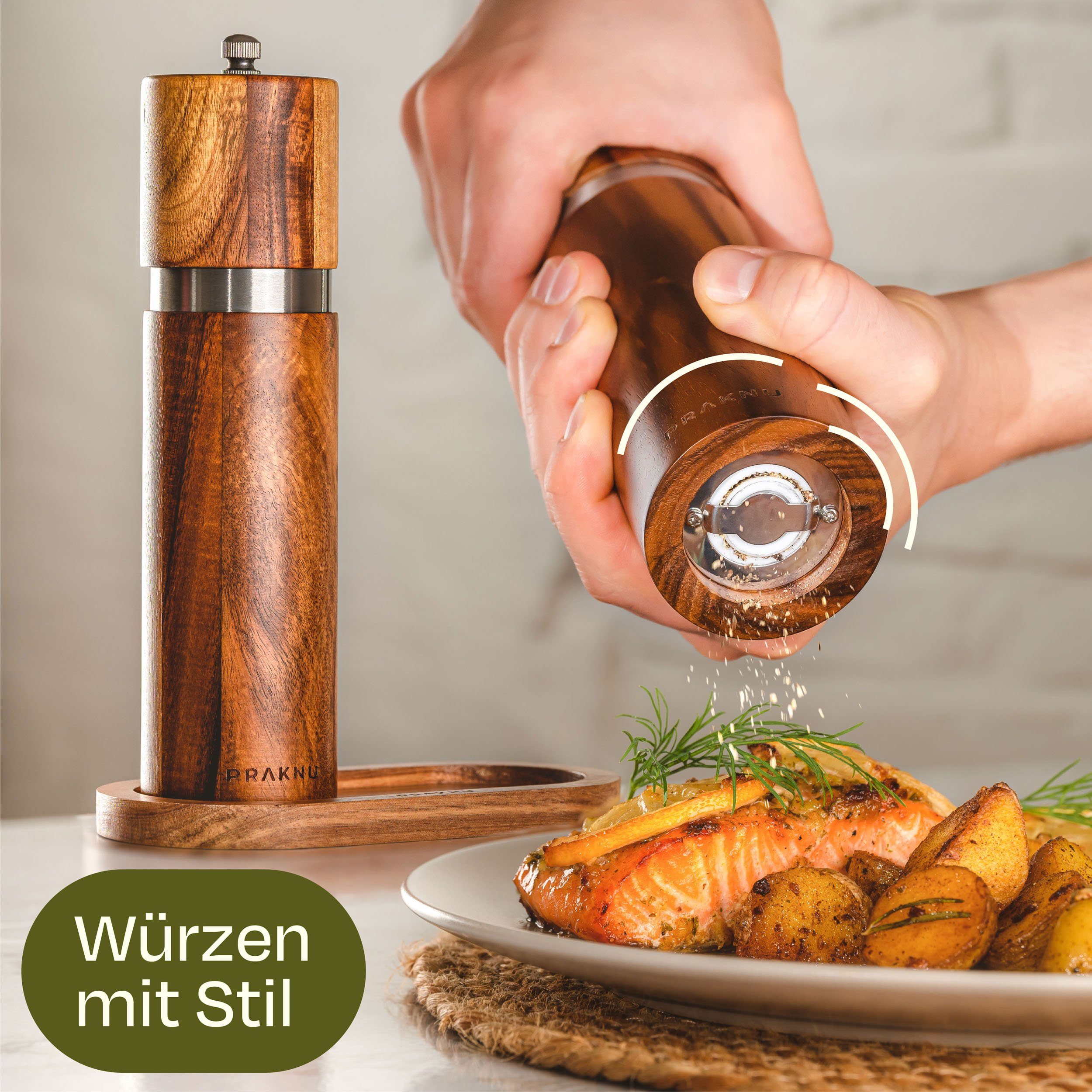 Praknu Gewürzmühle Salz- und Pfeffermühle aus Akazienholz manuell, Nachhaltiges FSC Holz - Langlebiges Keramikmahlwerk - Plastikfrei