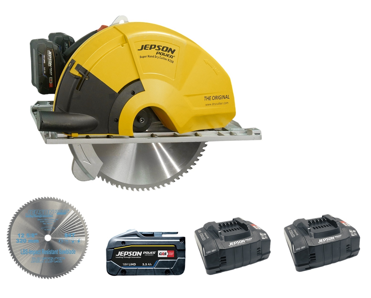Sega per metalli a batteria Jepson 608270EC2 Super Hand Dry Cutter 8320E + lama Ø320/84T, 2 batterie CAS 5.5AH e 2 caricabatterie rapidi