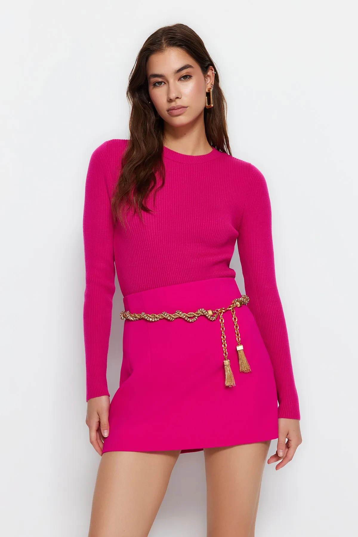 Trendyol Collection  Fuchsia Basic Strickpullover mit Kordelzug TWOAW22KZ1708