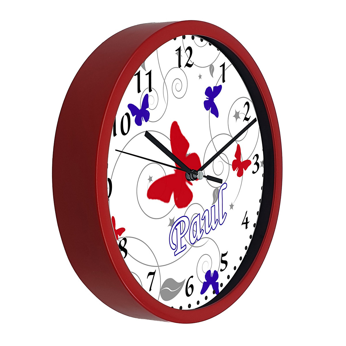 Kinder Wanduhr personalisiert mit Name Schmetterling Rot Blau Grau