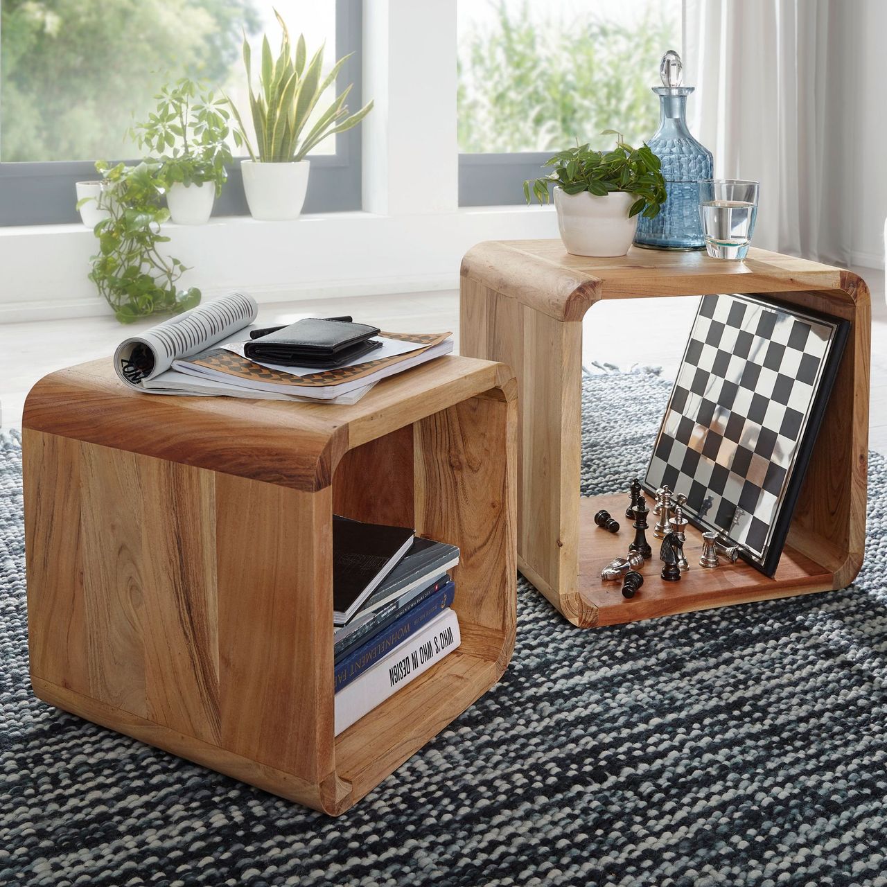 Wohnling Massivholz Akazie Satztisch Beistelltisch 2er Set Cubes Würfelregal