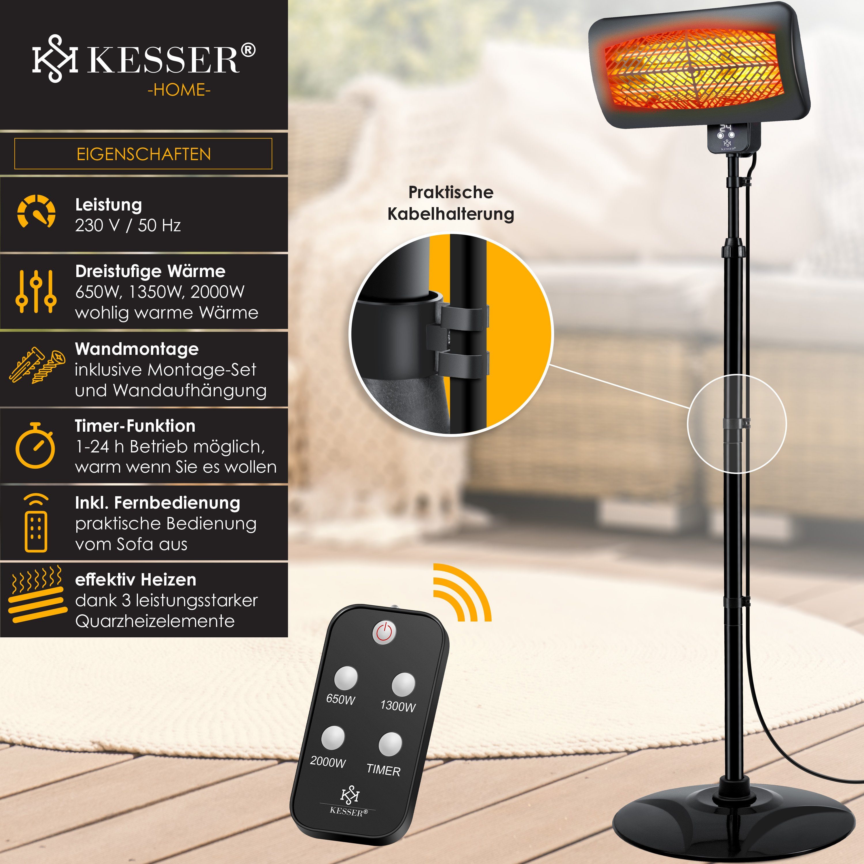 KESSER Heizstrahler, 2000 W, Infrarot Heizer Terrassen Heizstrahler Standheizung mit Fernbedienung