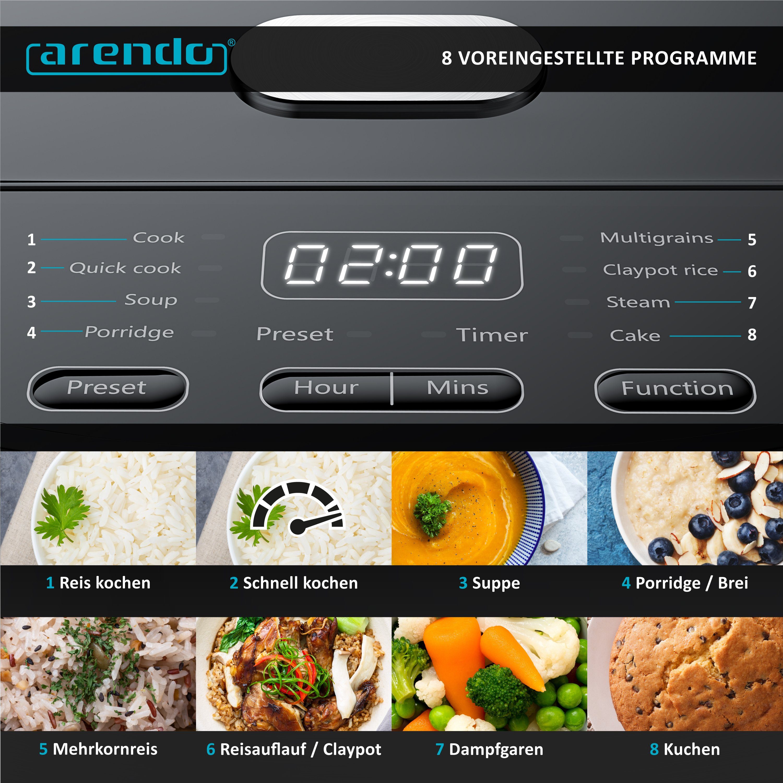 Arendo Reiskocher, 800 W, Multikocher, Dampfgarer, 3D Heizsystem, 8 Programme, Warmhaltefunktion