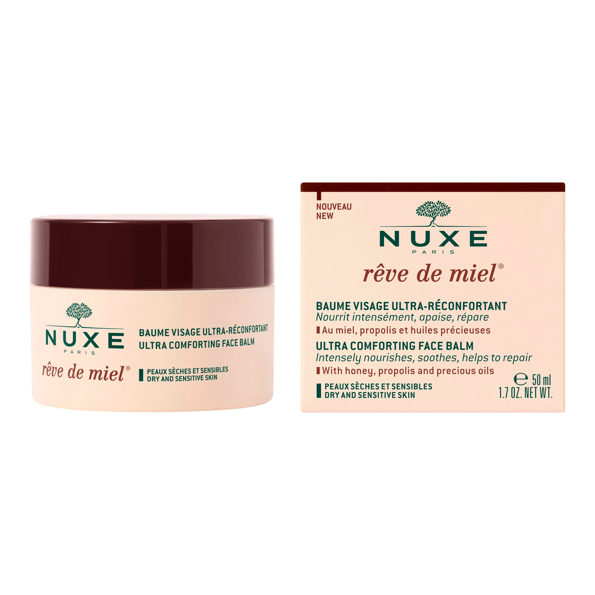 Bálsamo facial ultraconfortable Reve de Miel: crema de día nutritiva, crema de día calmante, tratamiento reparador.