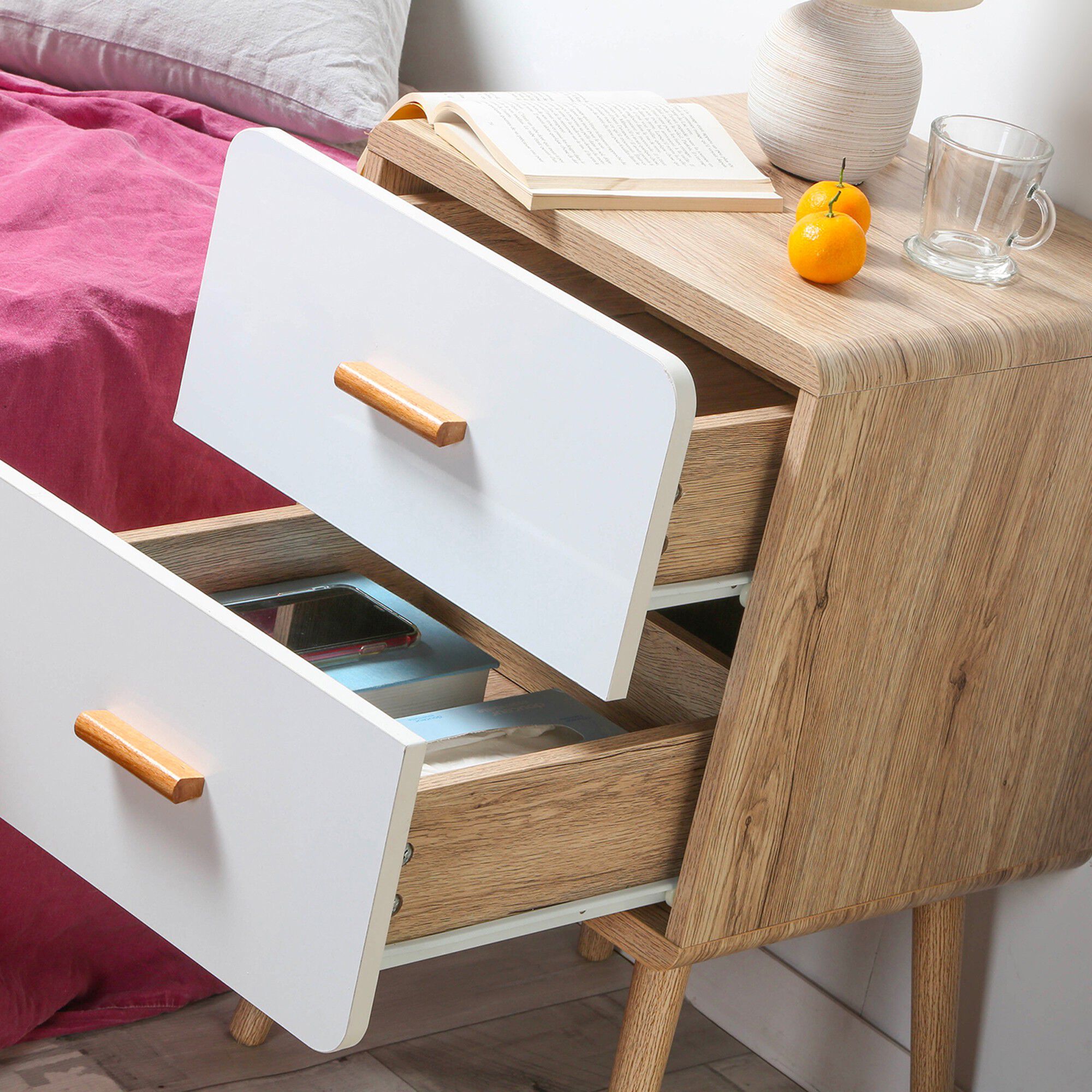 Table de chevet YOLTY 2 tiroirs bois et blanc