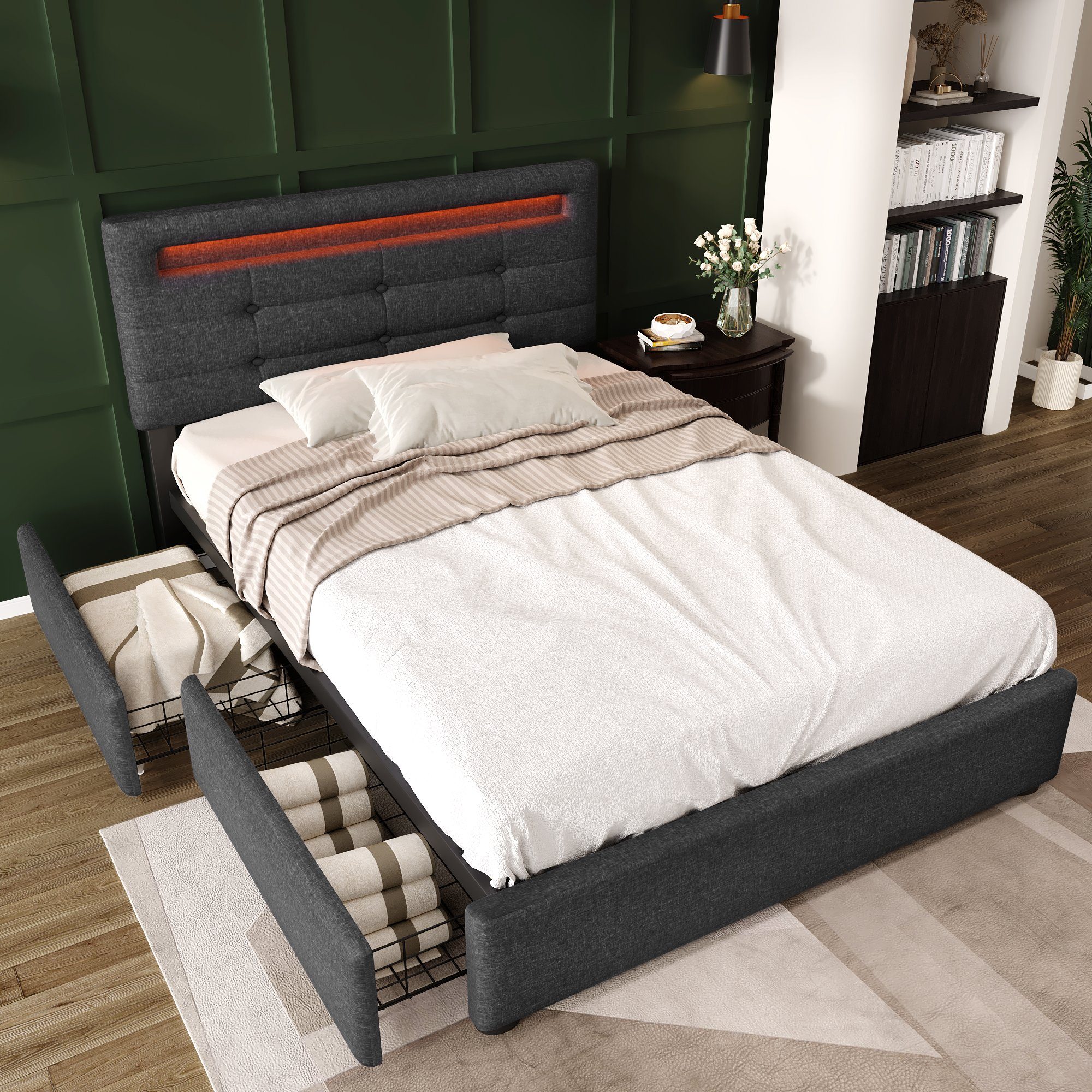 REDOM Polsterbett Polsterbett Einzelbett Doppelbett Bett Funktionsbett mit Schubladen (ohne Matratze/mit Matratze), aus Massivholz, 90×200cm/140×200cm