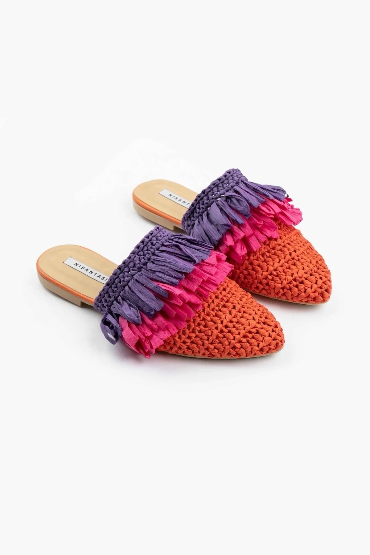 NİŞANTAŞI SHOES  Viana Orange gestrickte lila fuchsiafarbene Damenhausschuhe mit Quaste und detaillierten Details