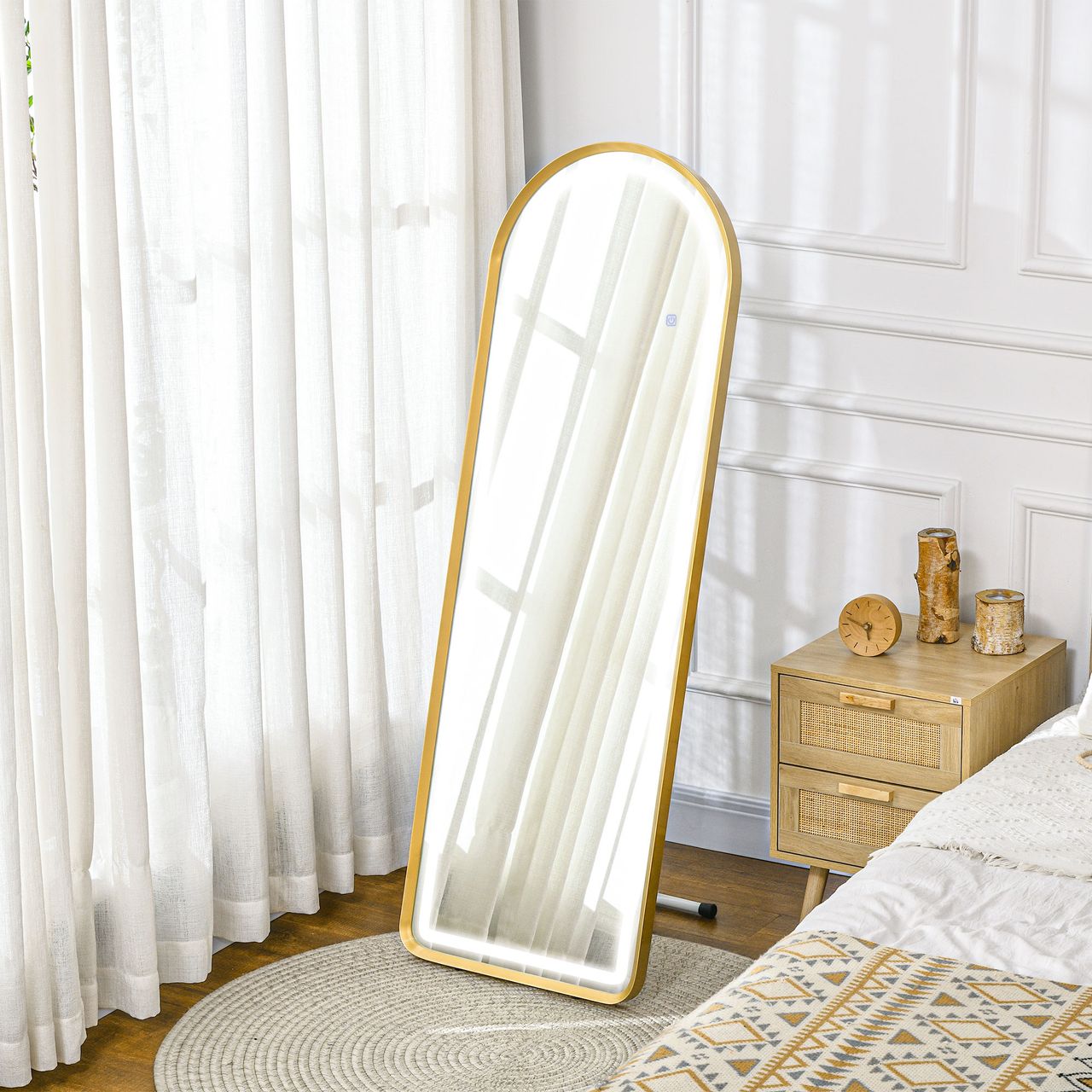 HOMCOM Ganzkörperspiegel, 151,5 x 50 x 4 cm Wandspiegel mit Ständer, LED-Leuchte, Gold