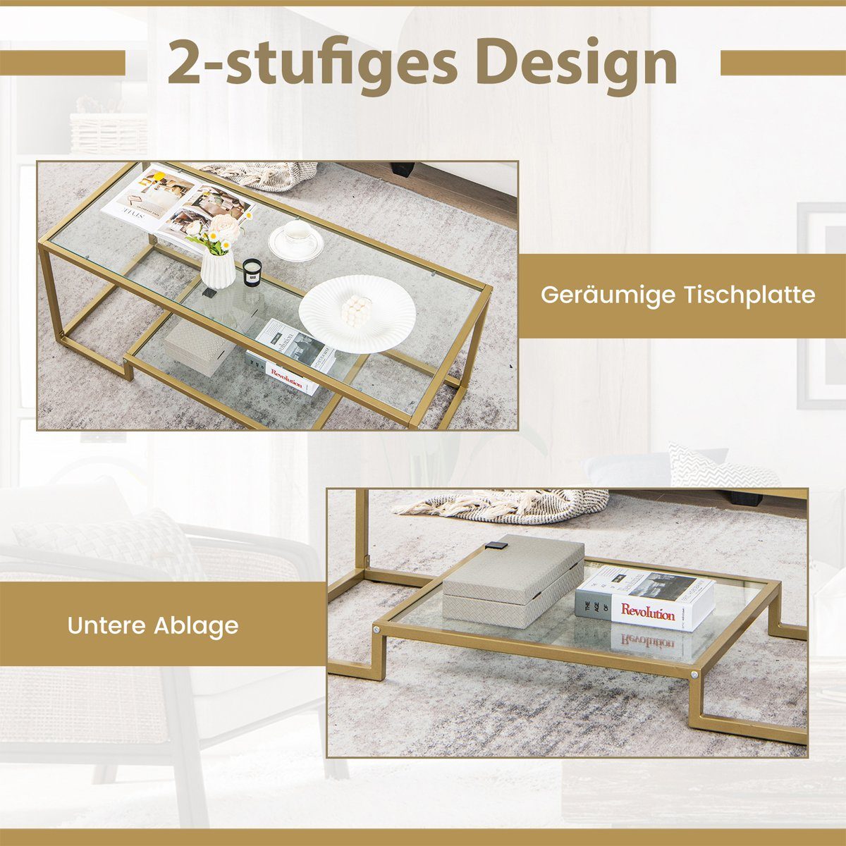 COSTWAY Couchtisch, Glas, Gold, mit Metallrahmen, 114 x 51 x 43,5 cm