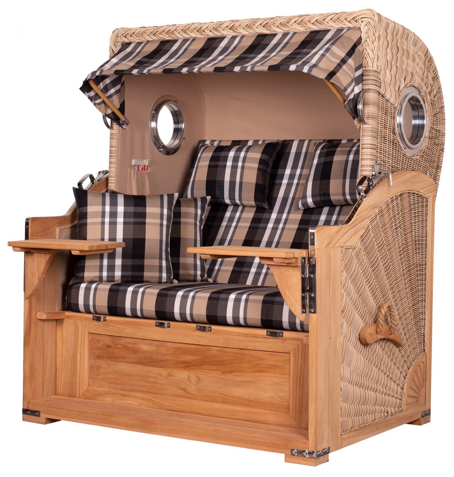 bene living Strandkorb Königssee 2,5-Sitzer Teak - PE shell - Modell 583, BxTxH: 142x95x170 cm, Volllieger ca. 175 Grad, Ostsee-Strandkorb Komplettset, inkl. Liftersystem und Bullaugen
