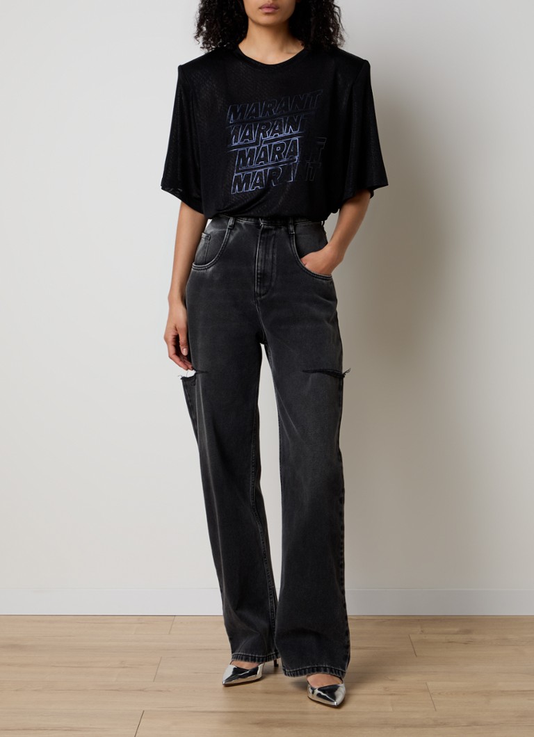 Isabel Marant Freya semi-transparent top with logo print and shoulder pads