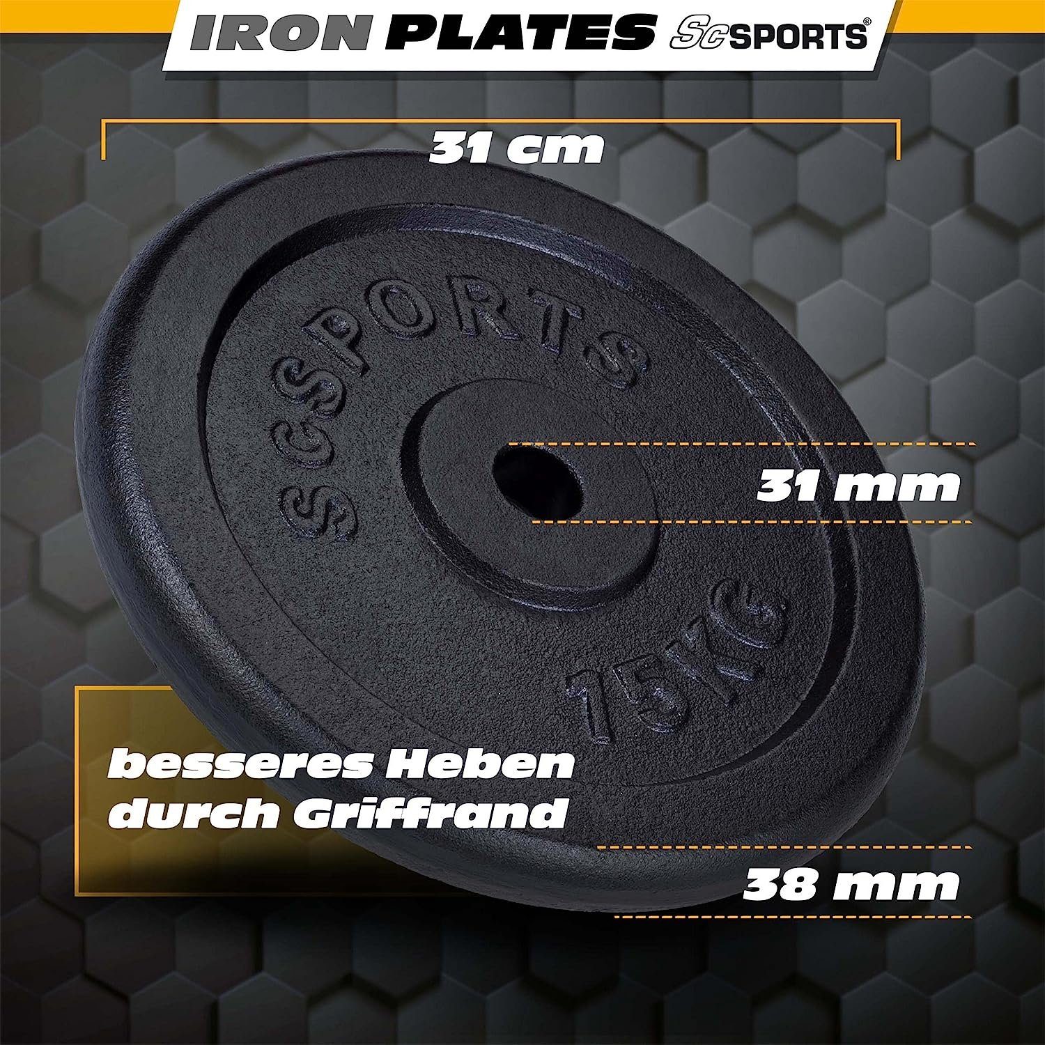 ScSPORTS® Hantelscheiben 15/20/25/30kg 30mm Gusseisen Gewichtsscheiben Gewichte, 15 kg