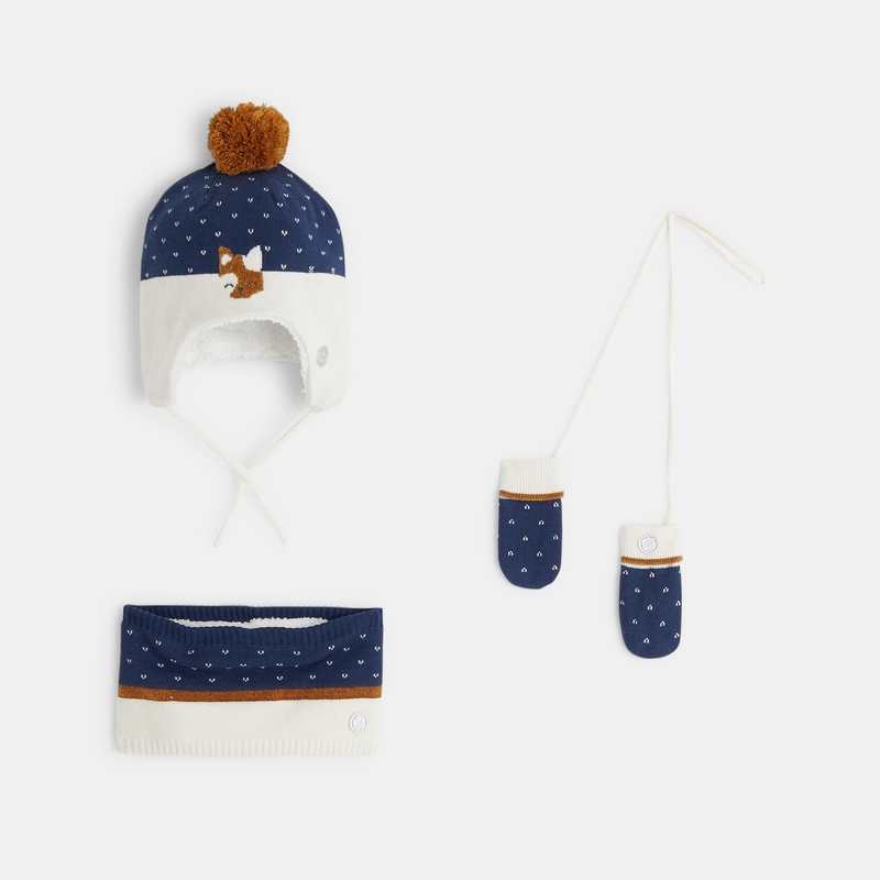 Bonnet + snood + moufles coordonnés motif bleue bébé fille