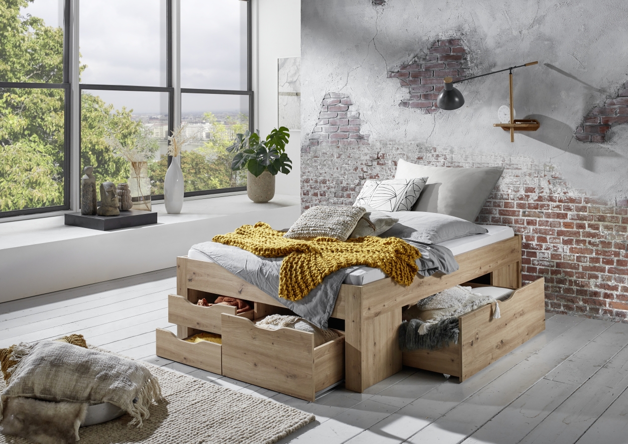 Relita Stauraumbett Noah 140 x 200 cm, mit Rolllattenrost mit 5 Bettschubladen, Ausf. Eiche Artisan Dekor