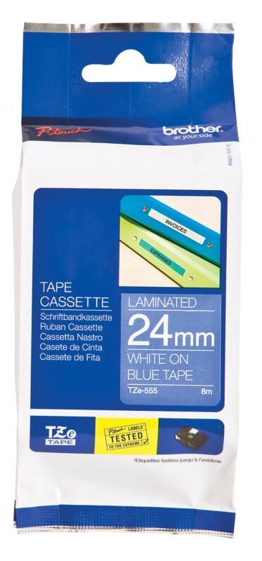Brother TZe-555 Authentic Schriftband Selbstklebend Weißer Druck auf Blau 24 mm x 8m