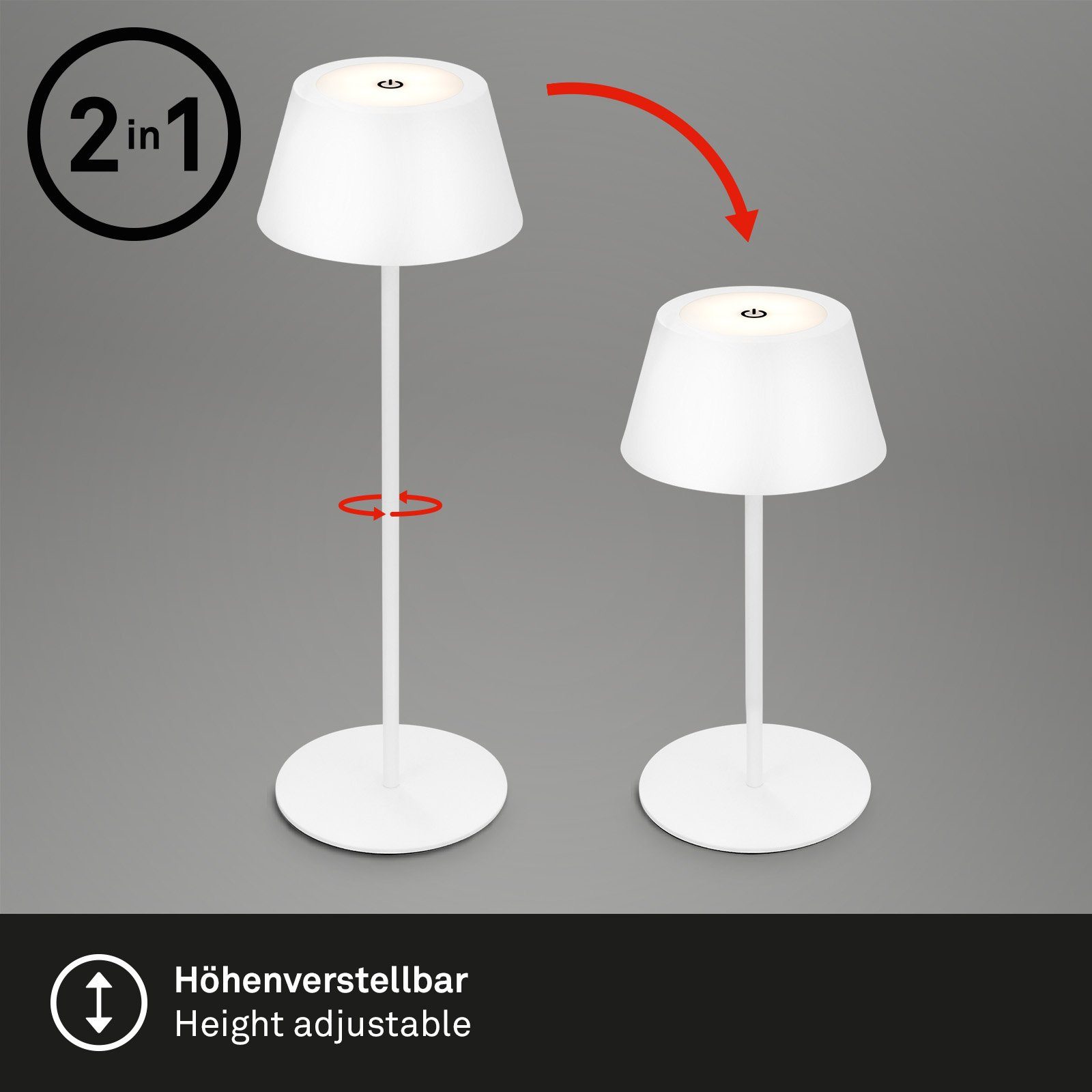 Briloner Leuchten Außen-Tischleuchte 7466016, LED fest verbaut, Farbwechsler, mit Akku, höhenverstellbar, RGB, USB-C, warmweiß, IP44, silber, 38 cm