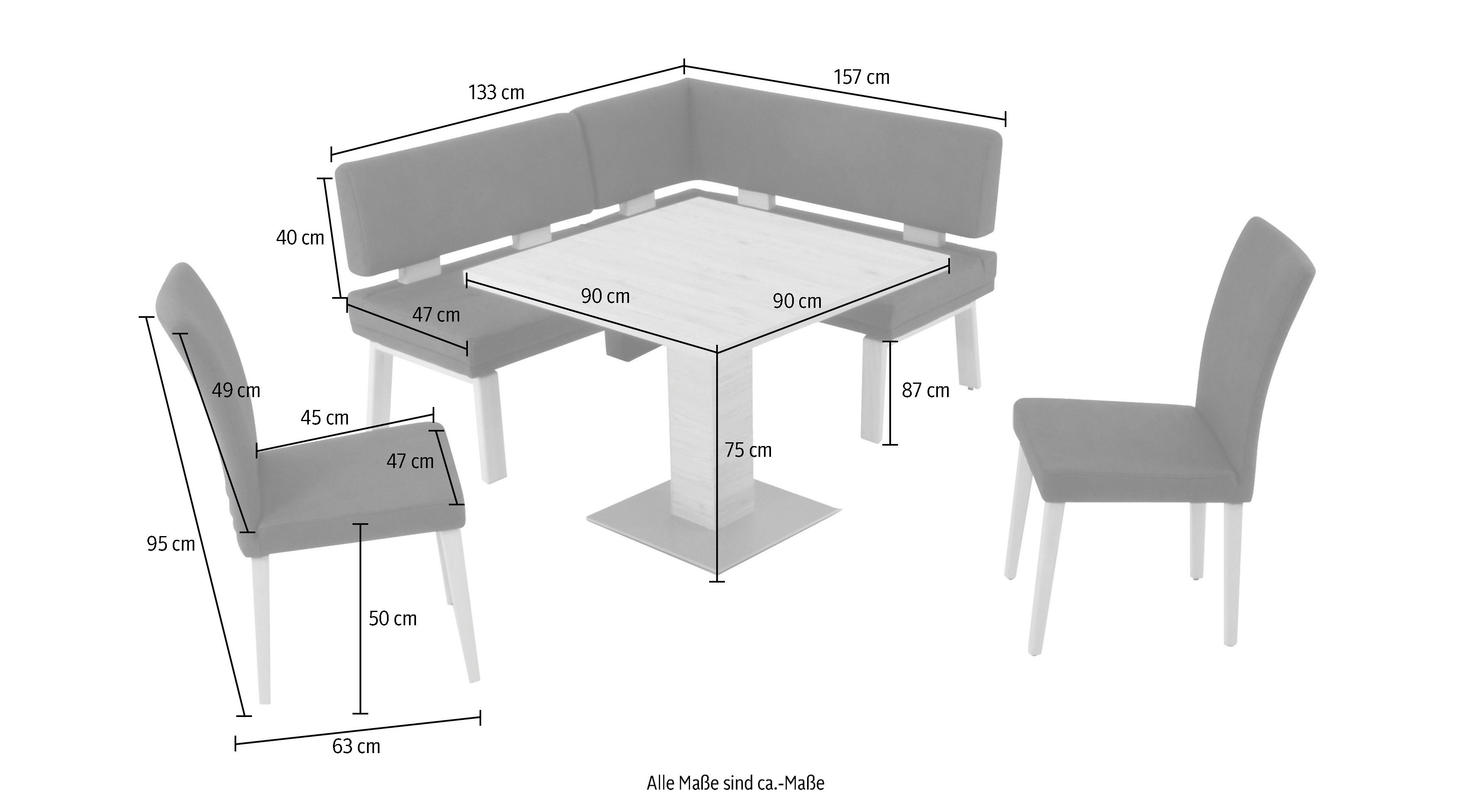 K+W Komfort & Wohnen Eckbankgruppe Santos I, (Set), rechts/links Schenkel 157cm, zwei 4 Holzstühle und Tisch 90x90cm