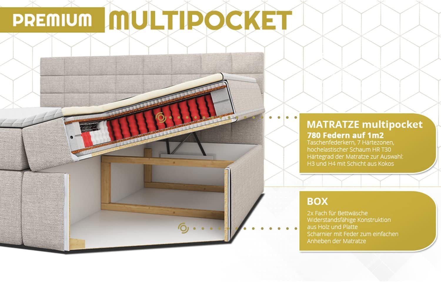 MKS MÖBEL Boxspringbett STELLE 6, Doppelbett, Multipocket-Matratze