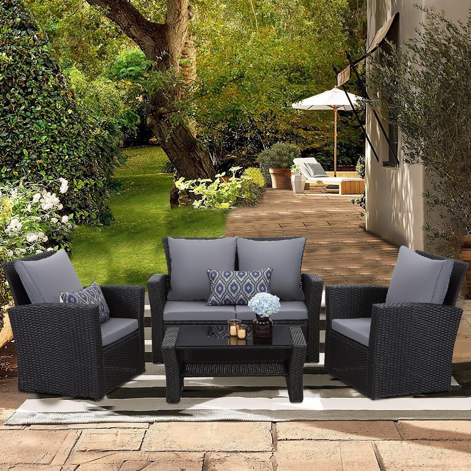 MeXo von GLP HOME Balkonset Balkongarnitur Gartenmöbel Set Polyrattan Wetterfest für 3-4 Personen, (Balkongarnitur Kleiner Balkon Sitzgruppe, Balkonset, Sitzgarnitur mit Kissen), Gartengarnitur für Lounge Klein Terrasse Garten Indoor Outdoor