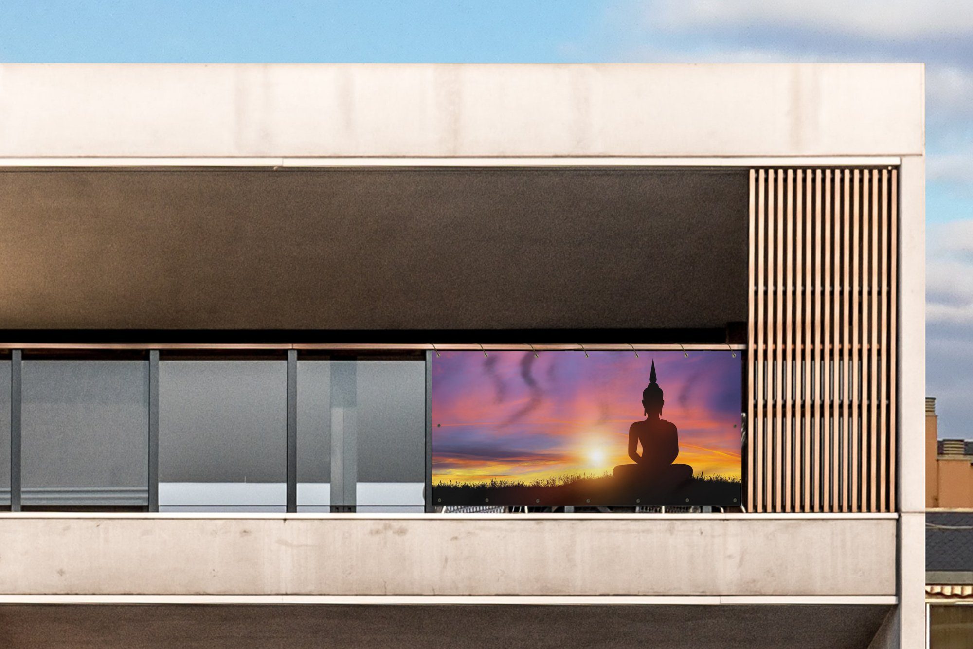 MuchoWow Balkonsichtschutz Sonnenuntergang - Horizont - Buddha-Statue - Buddha - Silhouette (1-St) Balkonbanner, Sichtschutz für den Balkon, Robustes und wetterfest