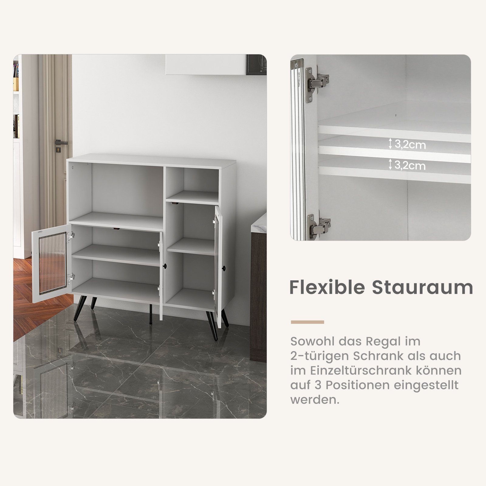 COSTWAY Küchenbuffet mit Glastüren & Fächern, Kippschutz, 100x39,5x100cm