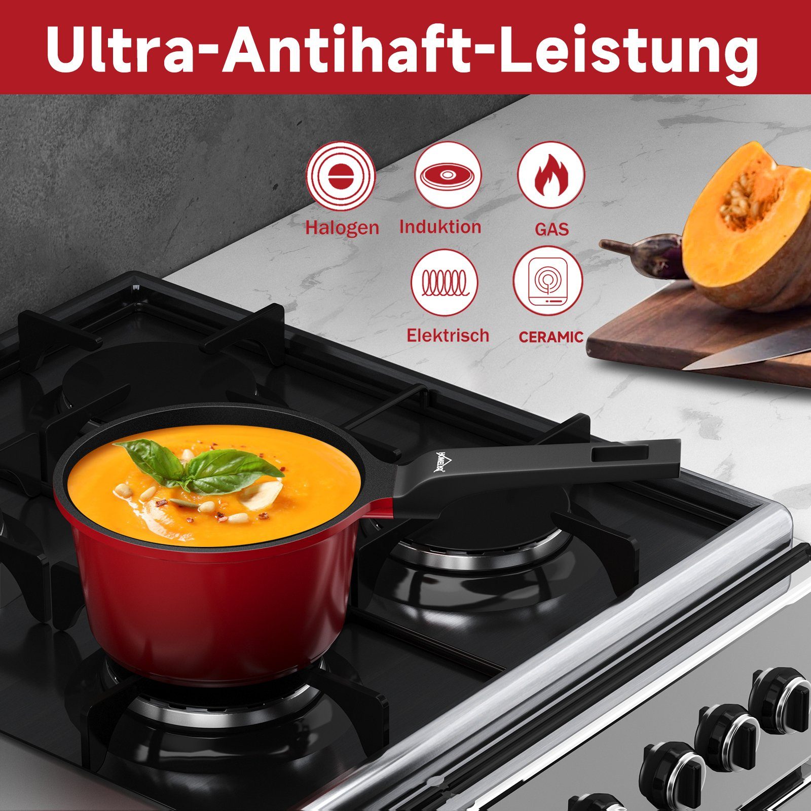 HOMELUX Kasserolle Stielkasserolle Klein Stieltopf Milchtopf Induktion, Aluminium, induktionsgeeignet, Antihaft-Beschichtung, für alle Herdarten