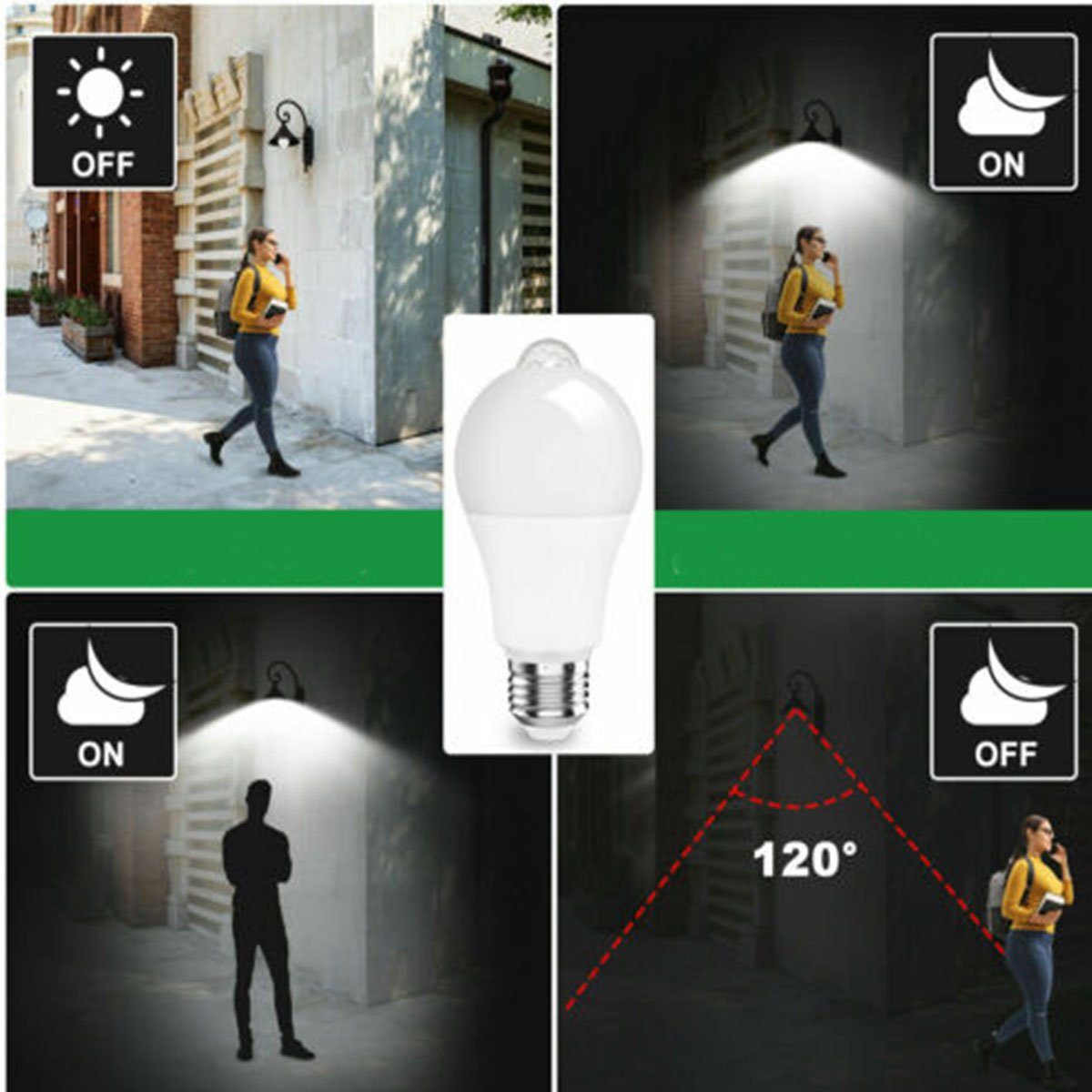 LETGOSPT 4 Stück LED Leuchtmittel, E27 12W LED Birne mit Bewegungssensor Smarte Lampe, Glühbirne Bewegungsmelder PIR Licht Lampe