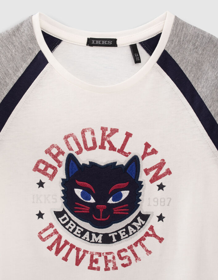 T-shirt blanc cassé coton bio visuel chat brodé fille