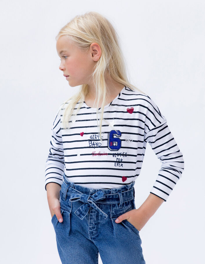 T-shirt marinière blanc cassé coton bio brodée fille