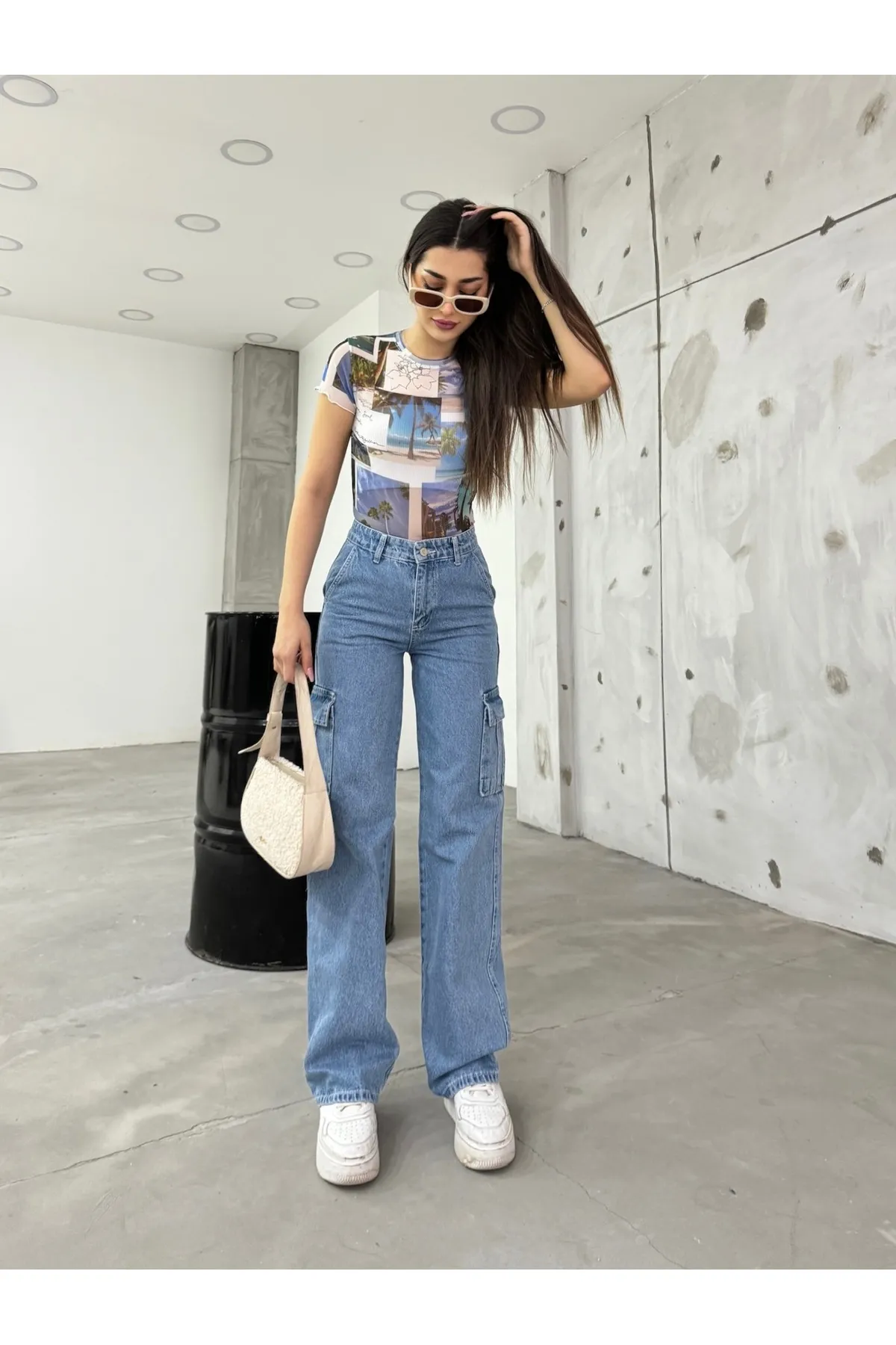 BİKELİFE  Blaue Cargohose mit hoher Taille und weitem Bein für Damen