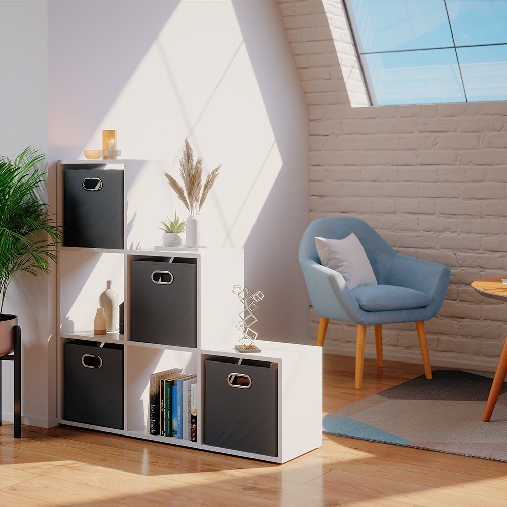 Vicco Raumteilerregal Treppenregal Bücherregal 6 Fächer Weiß + Faltboxen Anthrazit