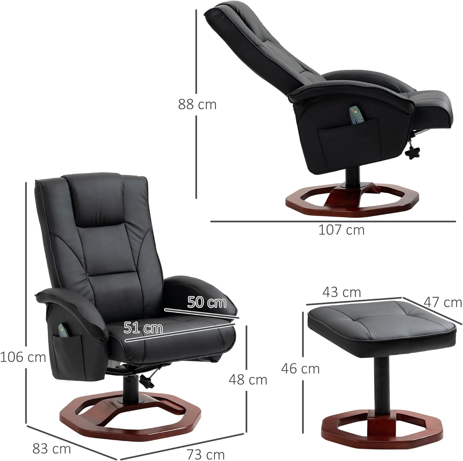HOMCOM Sillón de masaje con reposapiés, función de descanso, función de descanso, sillón reclinable con función de masaje, giratorio 360°, piel sintética, acero negro+marrón, 73 x 83 x 106 cm